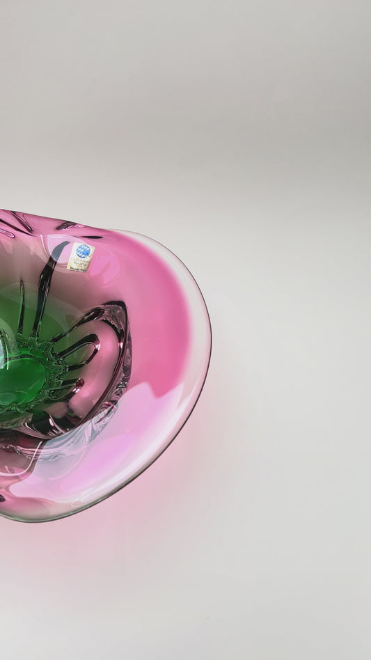 Cristallerie Bavaria Glas Obst Schale pink rosa grün Murano Stil Sommerso Hospodka Stil
