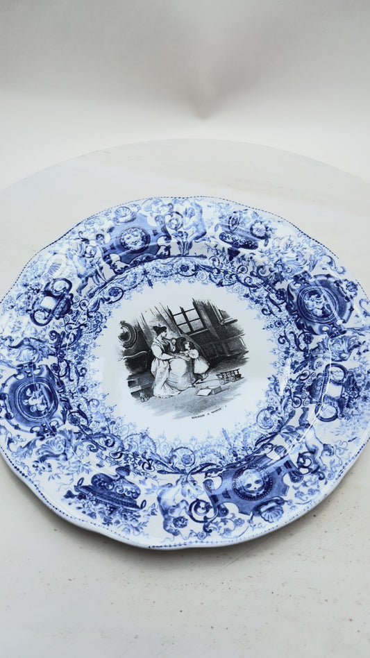 Antiker Blau Weiß Teller Bonjour à Maman 22 cm französisches Motiv Vintage Keramik
