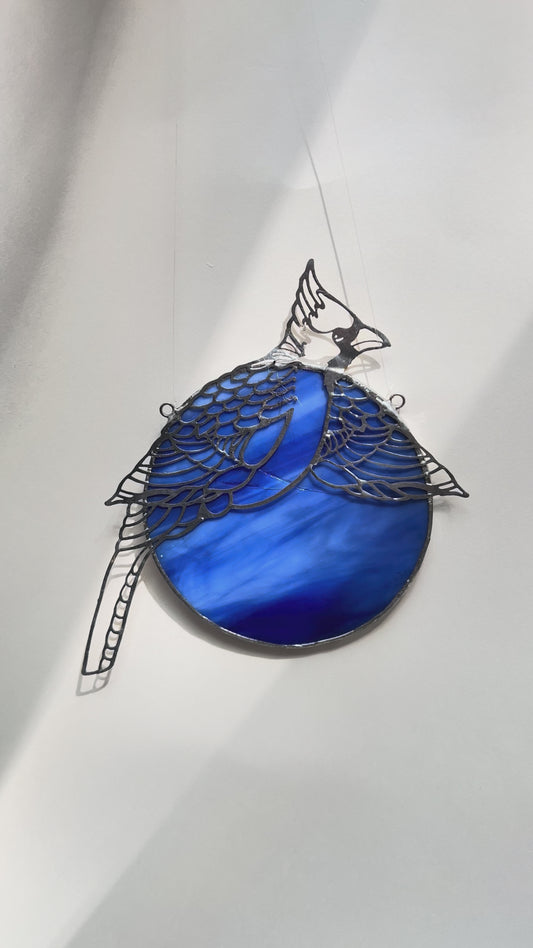Vintage Tiffany Stil Sonnenfänger Vogel | Handgefertigtes Bleiglas Fensterbild Blau | Stained Glass Bird | Fensterdekoration