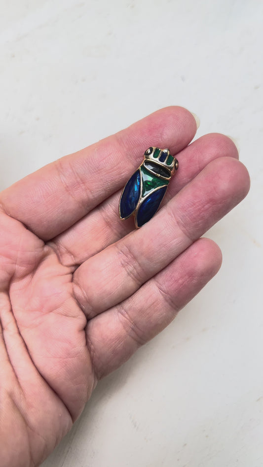 Vintage Diane von Furstenberg DVF Insekten Brosche Zikade blau grün