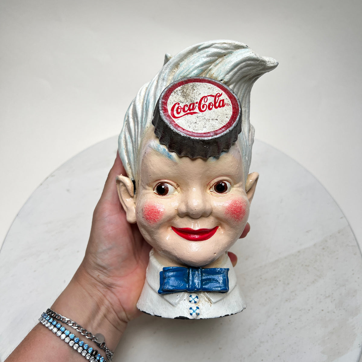 Vintage Coca Cola Gusseisen Werbung Haddon Sundblom "Sprite Boy" Spardose Werbefigur Mid Century