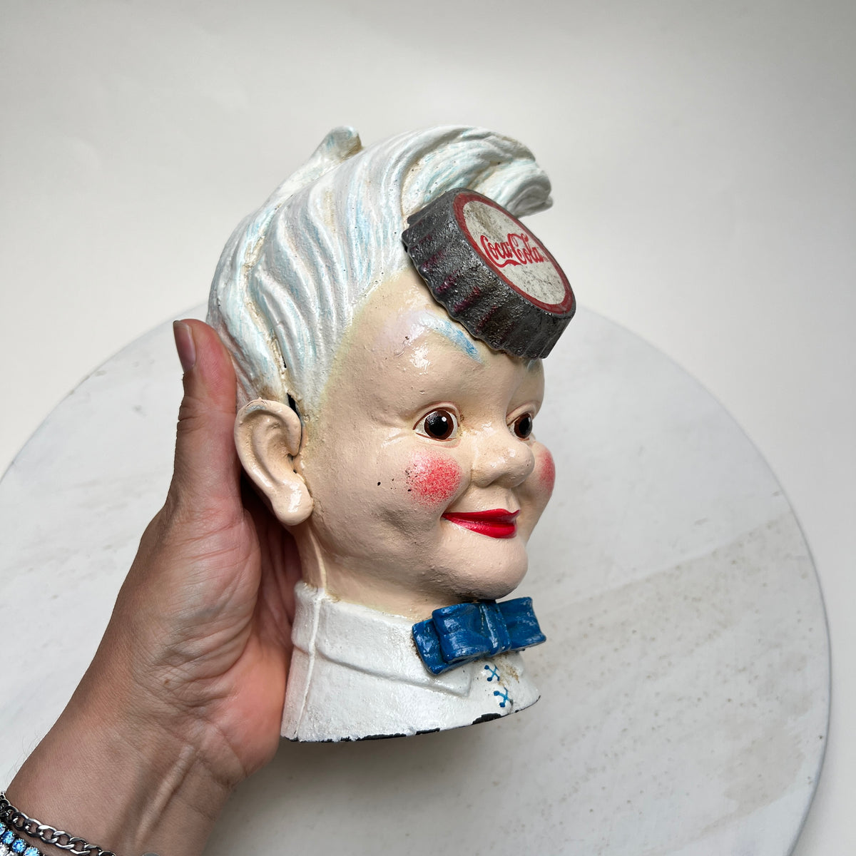 Vintage Coca Cola Gusseisen Werbung Haddon Sundblom "Sprite Boy" Spardose Werbefigur Mid Century