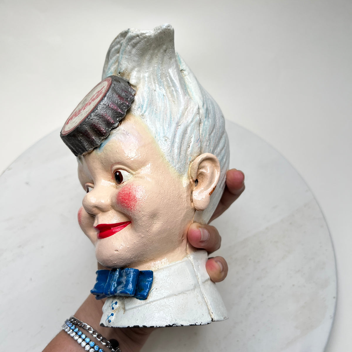 Vintage Coca Cola Gusseisen Werbung Haddon Sundblom "Sprite Boy" Spardose Werbefigur Mid Century
