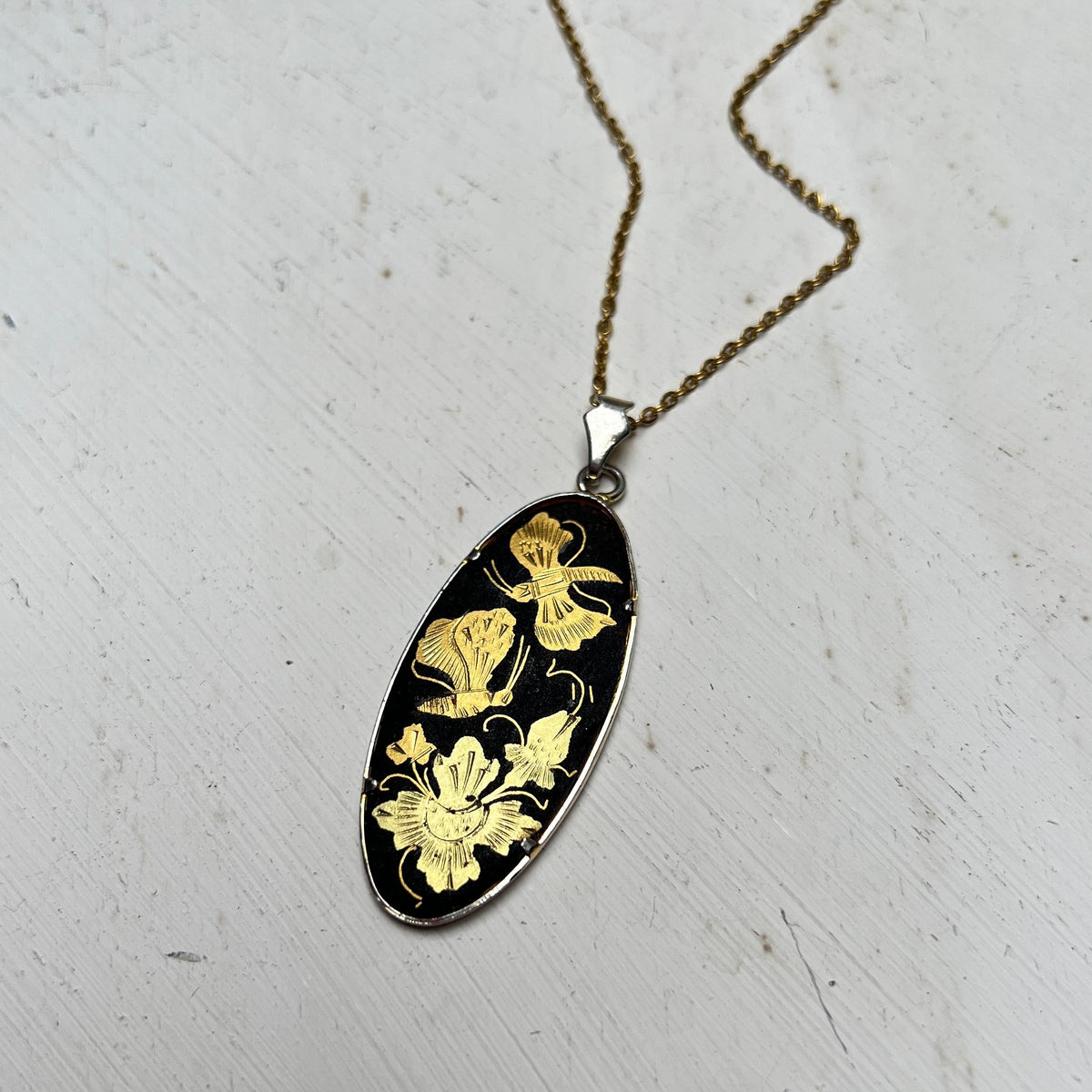 Vintage japanische Chokin Medaillon Kette asiatisch Schmetterling Toledo Damaszener-Stil