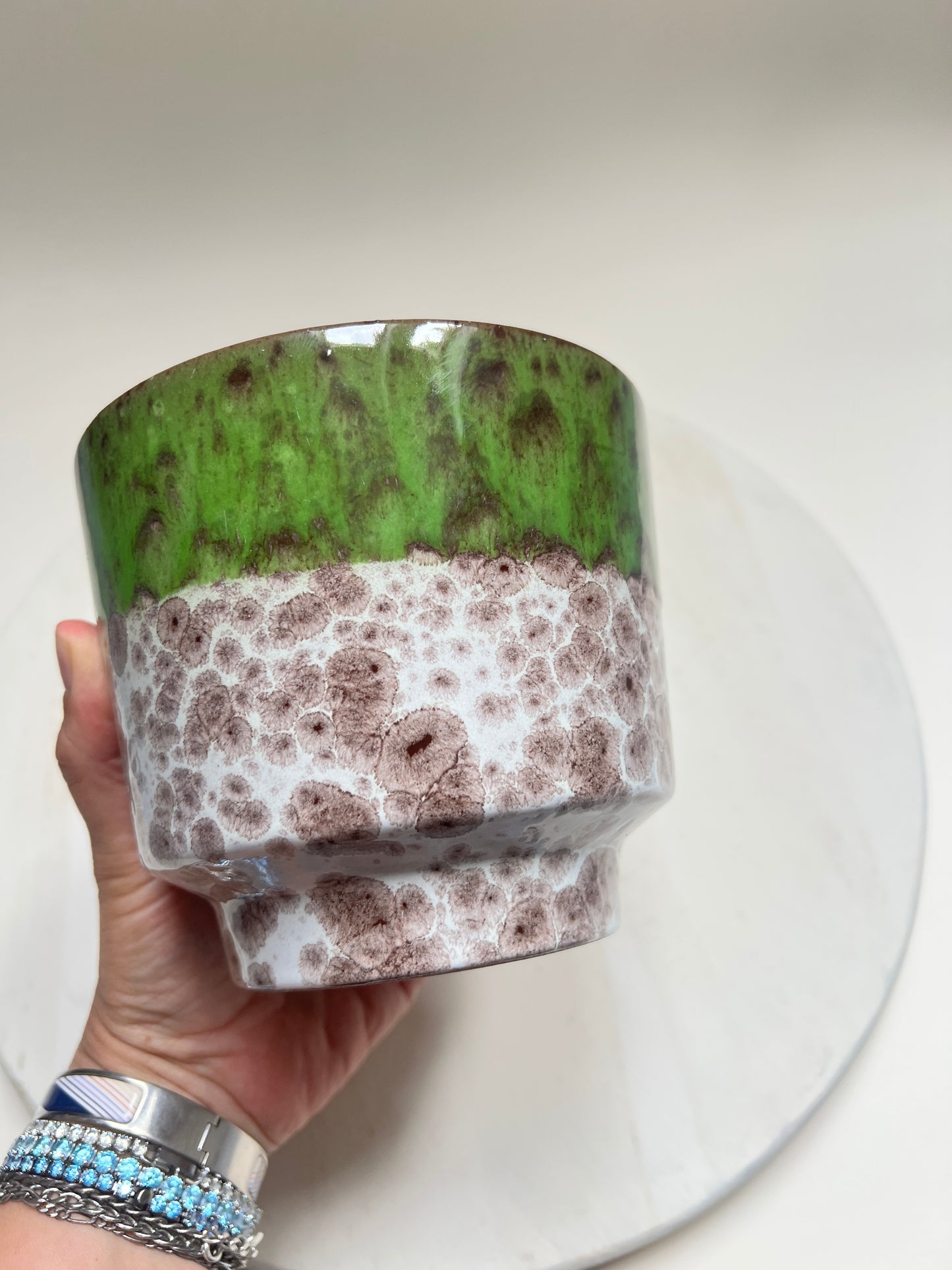 Grüner Fat Lava Optik Kristallglasur Vintage-Übertopf Pflanztopf Keramik West Germany