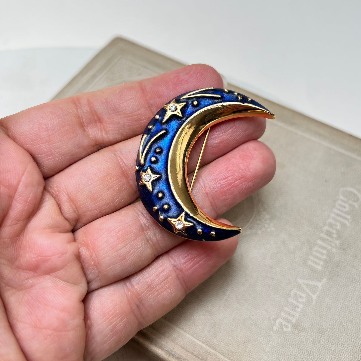 Vintage 90er Jahre Halbmond Brosche Celestial Aconda Emaille Modeschmuck