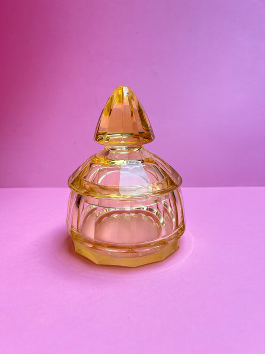 Art Deco Bonbonniere bernsteinfarbene Glasschale mit Deckel Vintage orange Dose