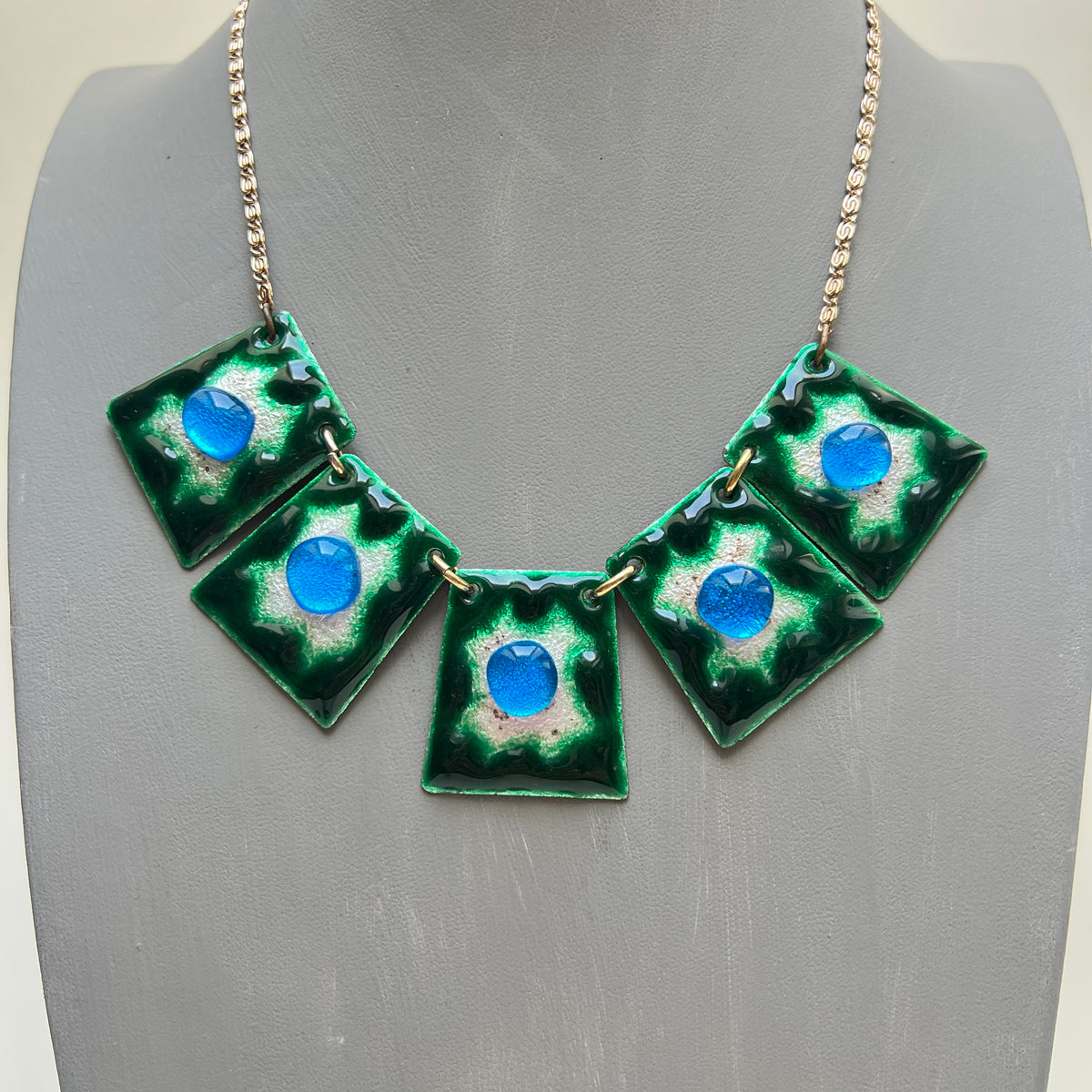 Vintage Emaille Halskette Collier blau grün 60er Jahre Brutalismus MCM