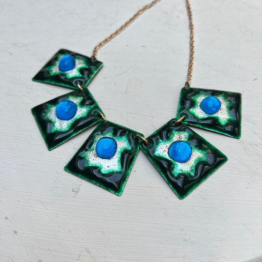 Vintage Emaille Halskette Collier blau grün 60er Jahre Brutalismus MCM