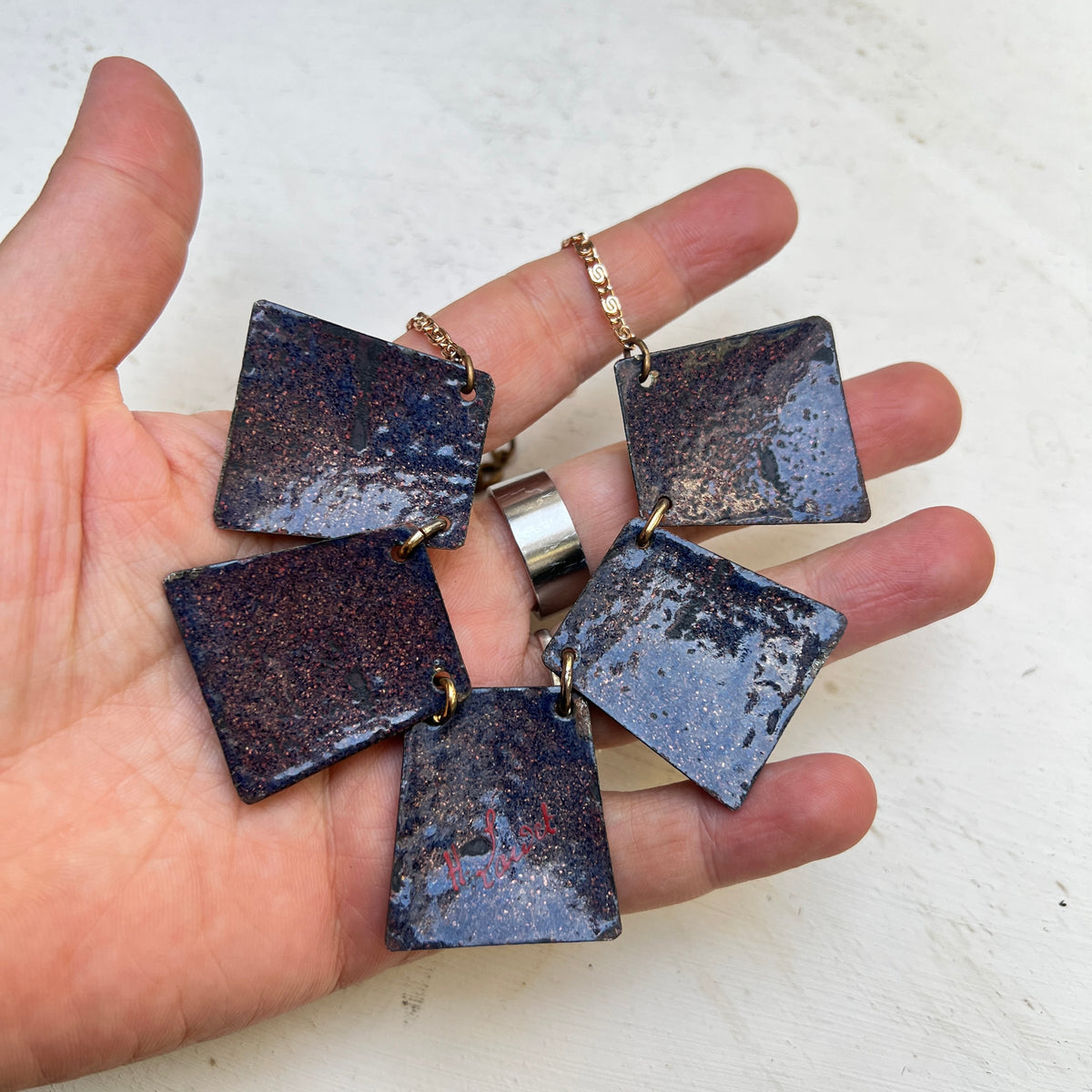 Vintage Emaille Halskette Collier blau grün 60er Jahre Brutalismus MCM