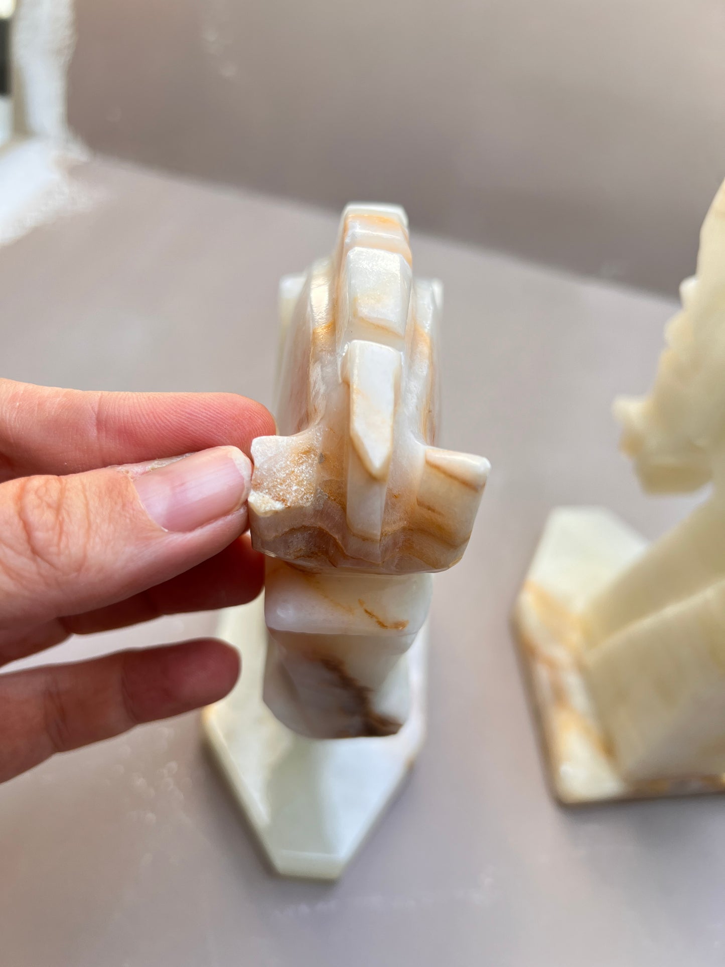 Vintage Onyx Pferde Buchstützen Paar – Alabaster Onyx Marmor Bookends – Mid Century Pferdekopf Skulpturen