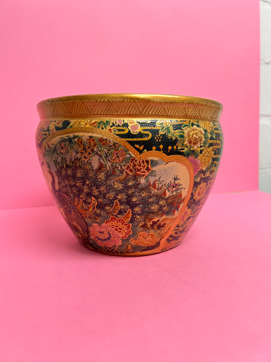 Vintage Satsuma Cachepot / Blumentopf Übertopf mit Pfauenmotiv – handbemalte Asiatische Keramik