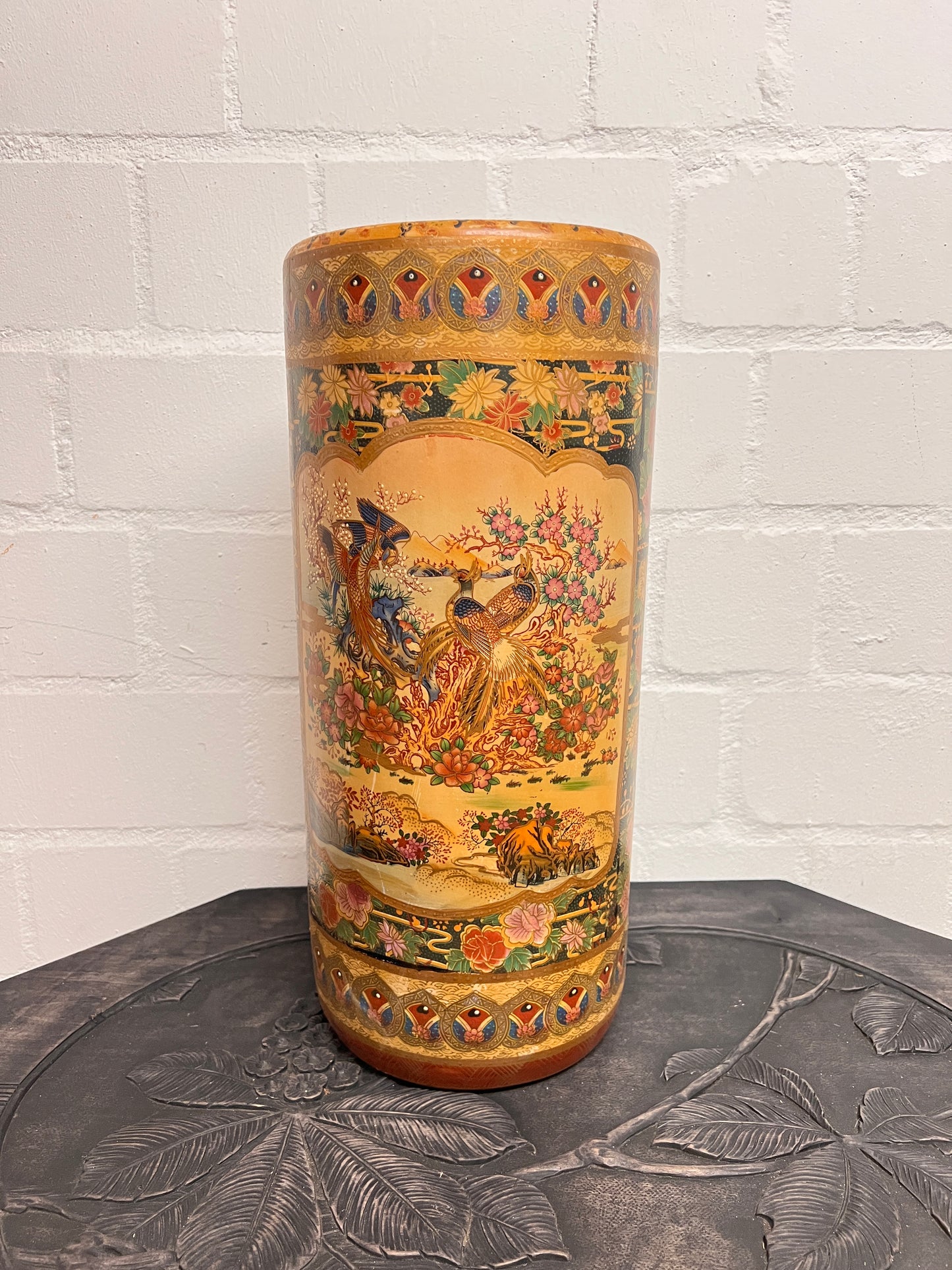 Große Vintage Satsuma Bodenvase Japan Handbemalt Pfauenmotiv Keramikvase 45 cm