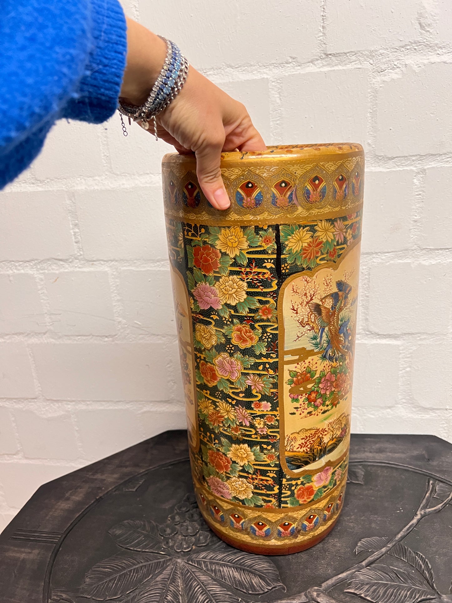 Große Vintage Satsuma Bodenvase Japan Handbemalt Pfauenmotiv Keramikvase 45 cm