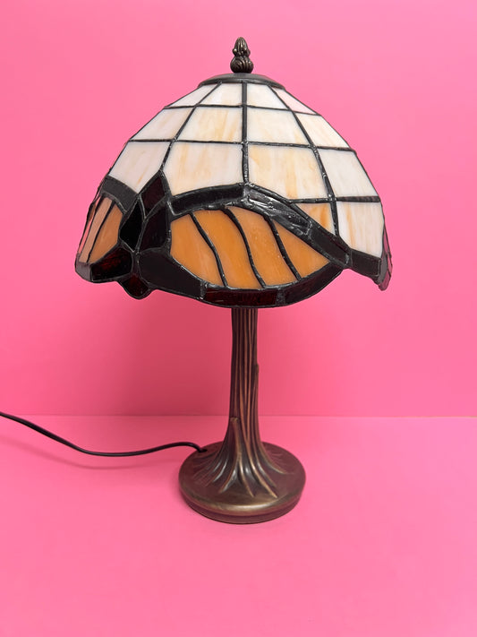 Vintage Tiffany Tischlampe Creme Bernstein | Tiffany Stil Lampe mit Bleiglas Schirm | Jugendstil Tischleuchte