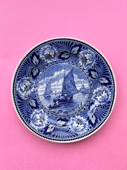 Vintage Hollandia Wandteller Delft Blau Segelschiffe | Société Céramique Maastricht Holland | Keramik Zierteller 25 cm